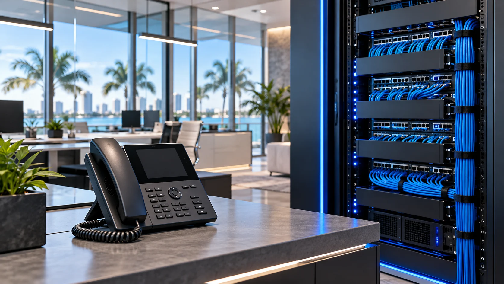 Conceptual office with an IP phone and organized network rack